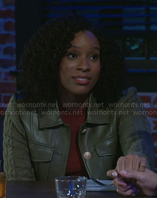 Naomi’s green leather and cable knit jacket on Beyond the Gates