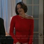 Nicole’s red asymmetric shoulder dress on Beyond the Gates