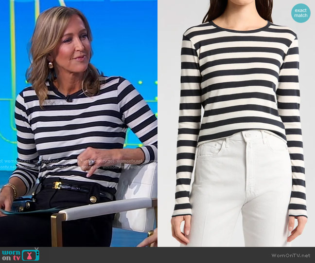 Nili Lotan Stripe Long Sleeve Cotton T-Shirt in Navy Ivory Stripe worn by Lara Spencer on Good Morning America