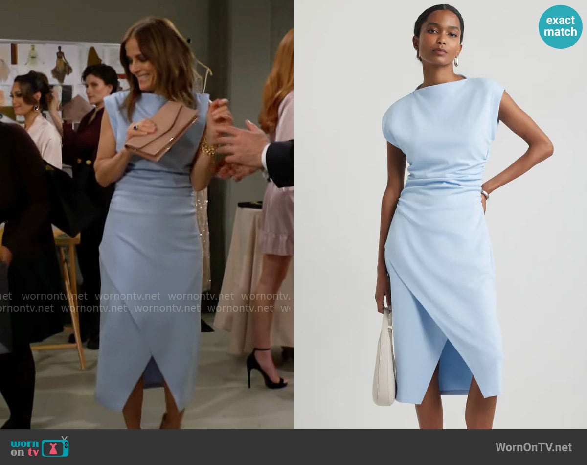 Nordstrom Ruched Funnel Neck Midi Dress in Blue Skyway worn by Taylor Hayes (Rebecca Budig) on The Bold and the Beautiful