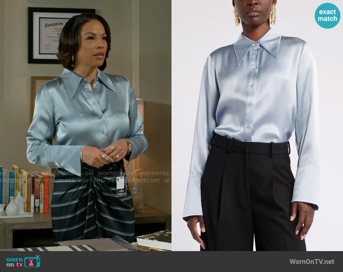 Nordstrom x Harlem's Fashion Row Megan Renee Silk Button-Up Shirt worn by Nicole Dupree Richardson (Daphnee Duplaix) on Beyond the Gates