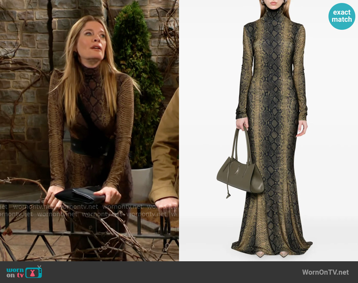Norma Kamali Snakeskin-print maxi dress worn by Phyllis Summers (Michelle Stafford) on The Young and the Restless