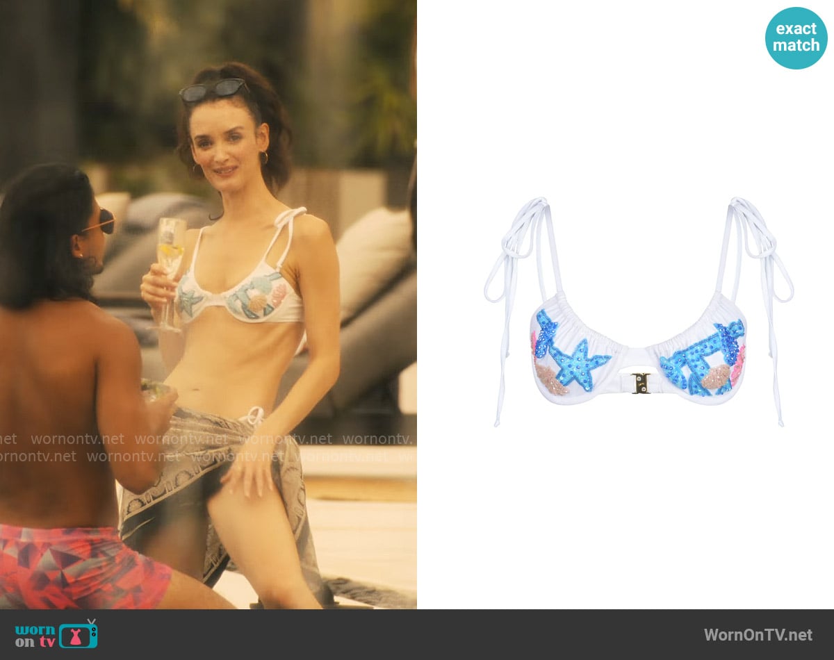 Oceanus Bethanie Hand Embroidered Bikini Top White worn by Chloe (Charlotte Le Bon) on The White Lotus