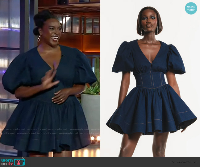 Ofuure Denim Delilah Mini Dress worn by Wunmi Mosaku on The Kelly Clarkson Show