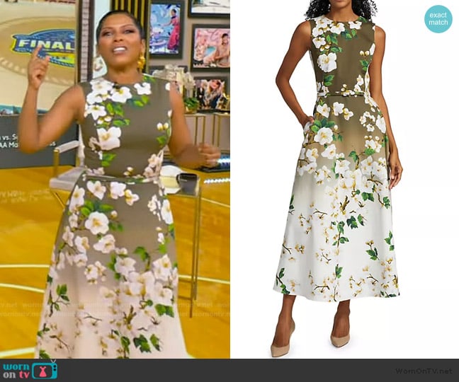 Oscar de la Renta Cherry Blossom Ombre? Stretch-Cotton Midi-Dress worn by Tamron Hall on Tamron Hall Show