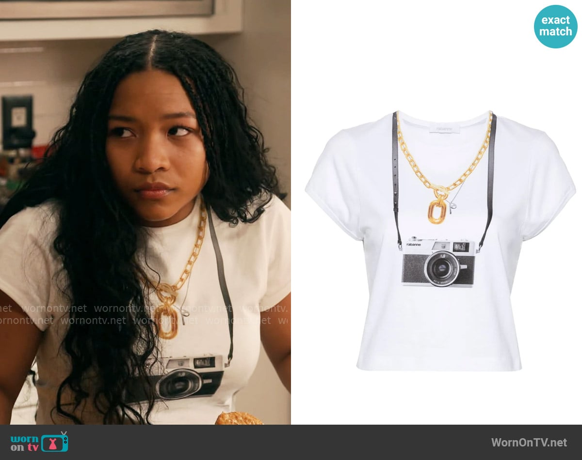 Paco Rabanne Camera-print Cotton T-shirt worn by Delilah (Laya DeLeon Hayes) on The Equalizer