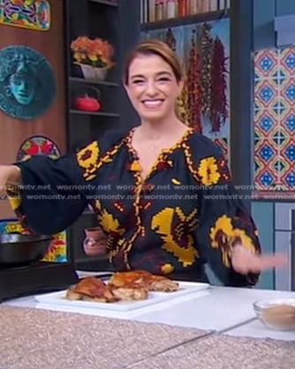 Pati Jinich’s navy floral embroidered blouse on Good Morning America
