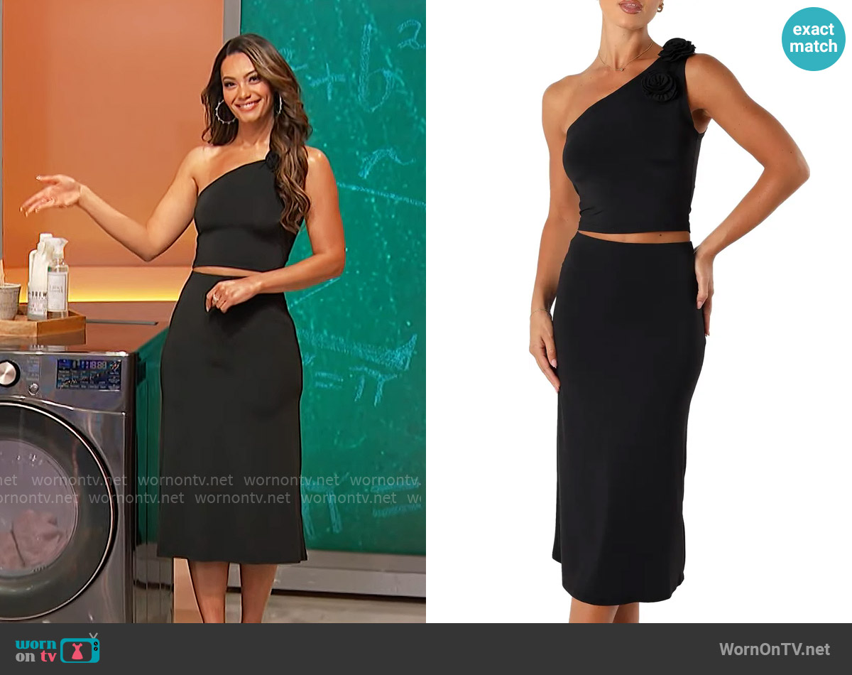 Petal + Pup Keely Rosette One-Shoulder Tank & Midi Skirt Set worn by Alexis Gaube on The Price is Right