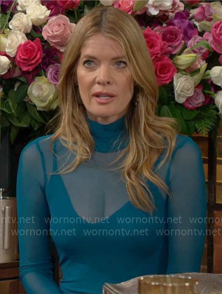 Phyllis’s teal blue mesh dress on The Young and the Restless
