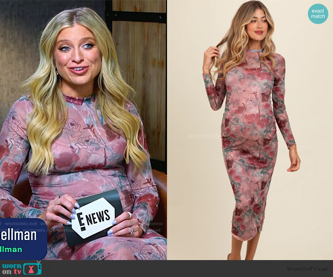 Pink Blush Floral Printed Mesh Overlay Maternity Maxi Dress worn by Ashley Bellman on E! News