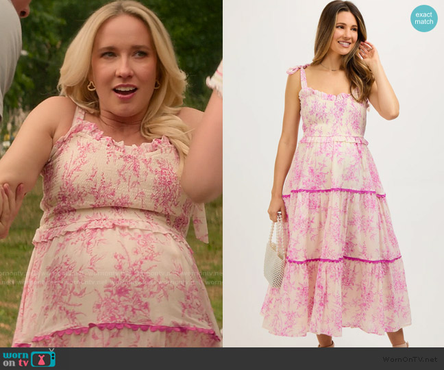 Pink Blush Pink Floral Sleeveless Ruffle Tiered Maternity Midi Dress worn by Maddie Lockwood (Anna Camp) on You