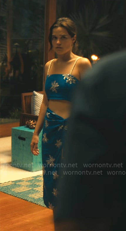 Piper’s blue embellished crop top and skirt set on The White Lotus