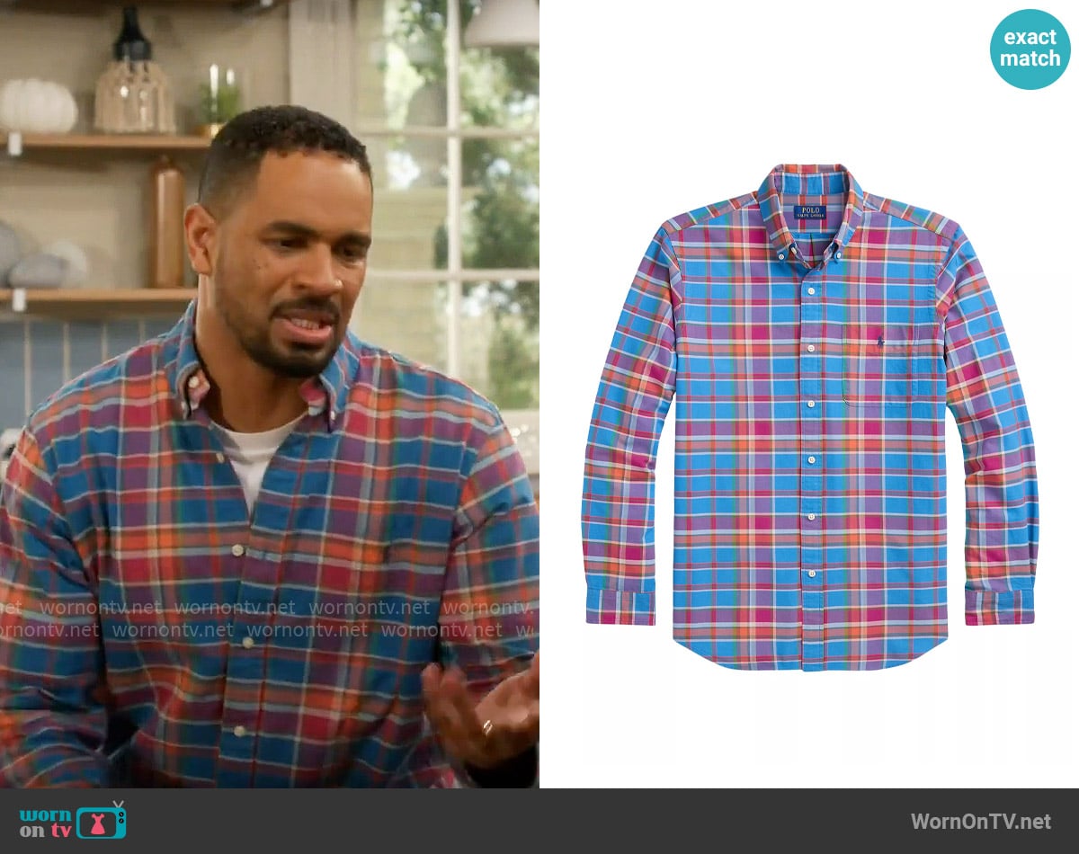 Polo Ralph Lauren Classic-Fit Plaid Button-Down Oxford Shirt in Blue Berry Multi worn by Damon (Damon Wayans Jr.) on Poppas House
