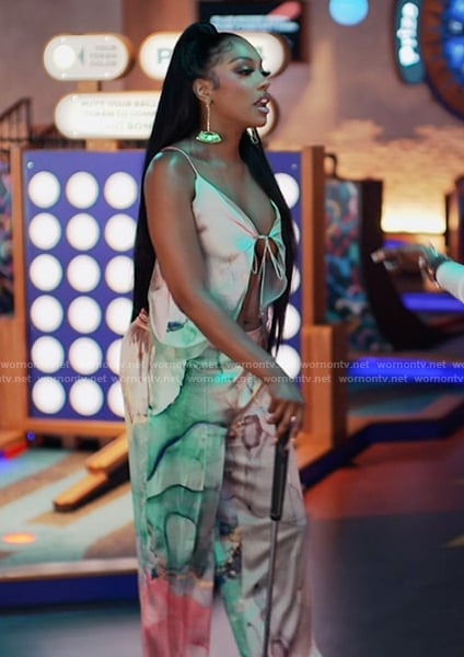 Porsha’s marble print top and pant set on The Real Housewives of Atlanta