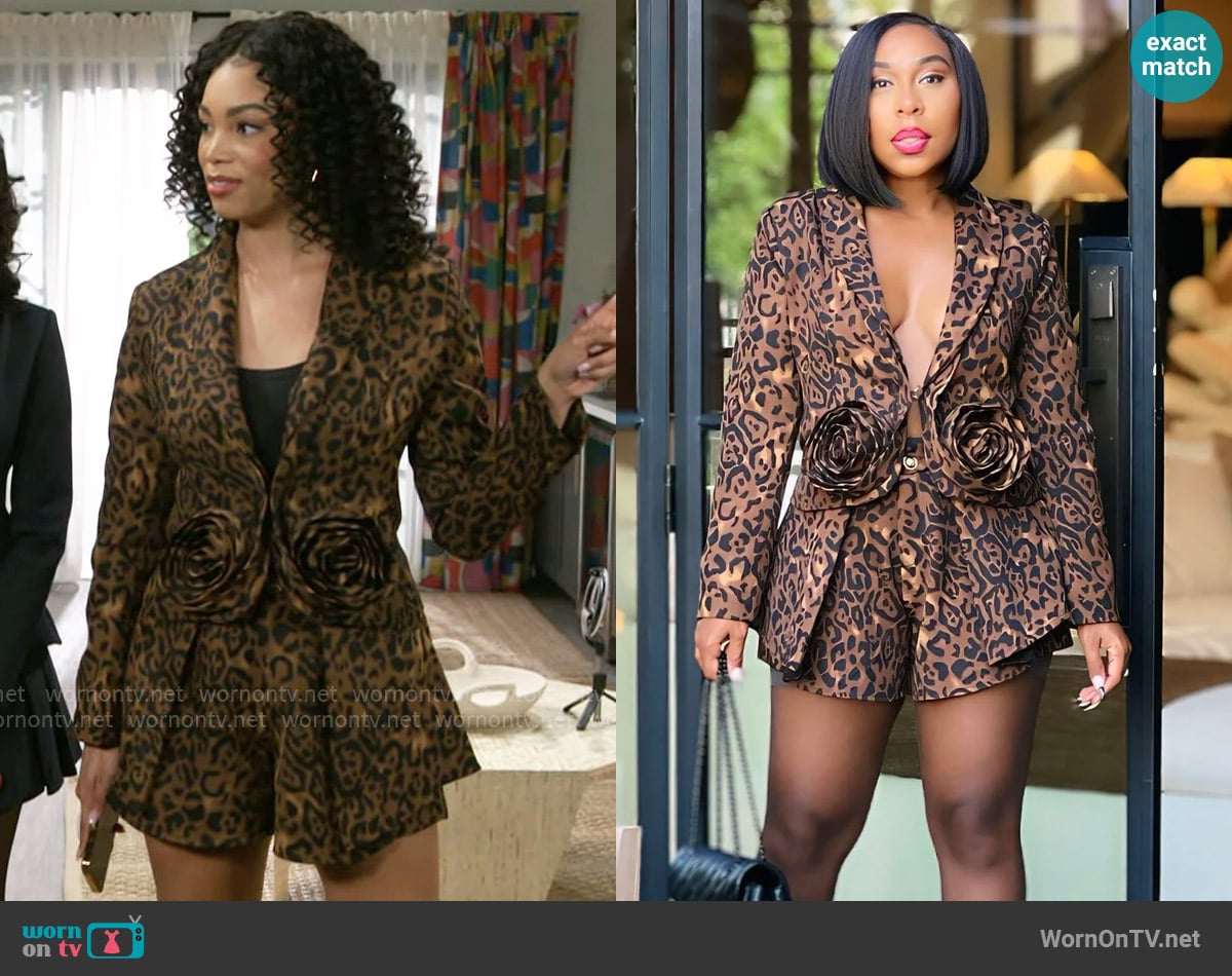Pretty Pieces Vanessa Leopard Print Blazer Short Set with Rose Detail worn by Chelsea Hamilton (RhonniRose Mantilla) on Beyond the Gates