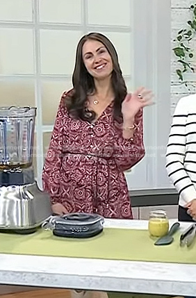 Rachel Mansfield’s burgundy printed v-neck dress on Today