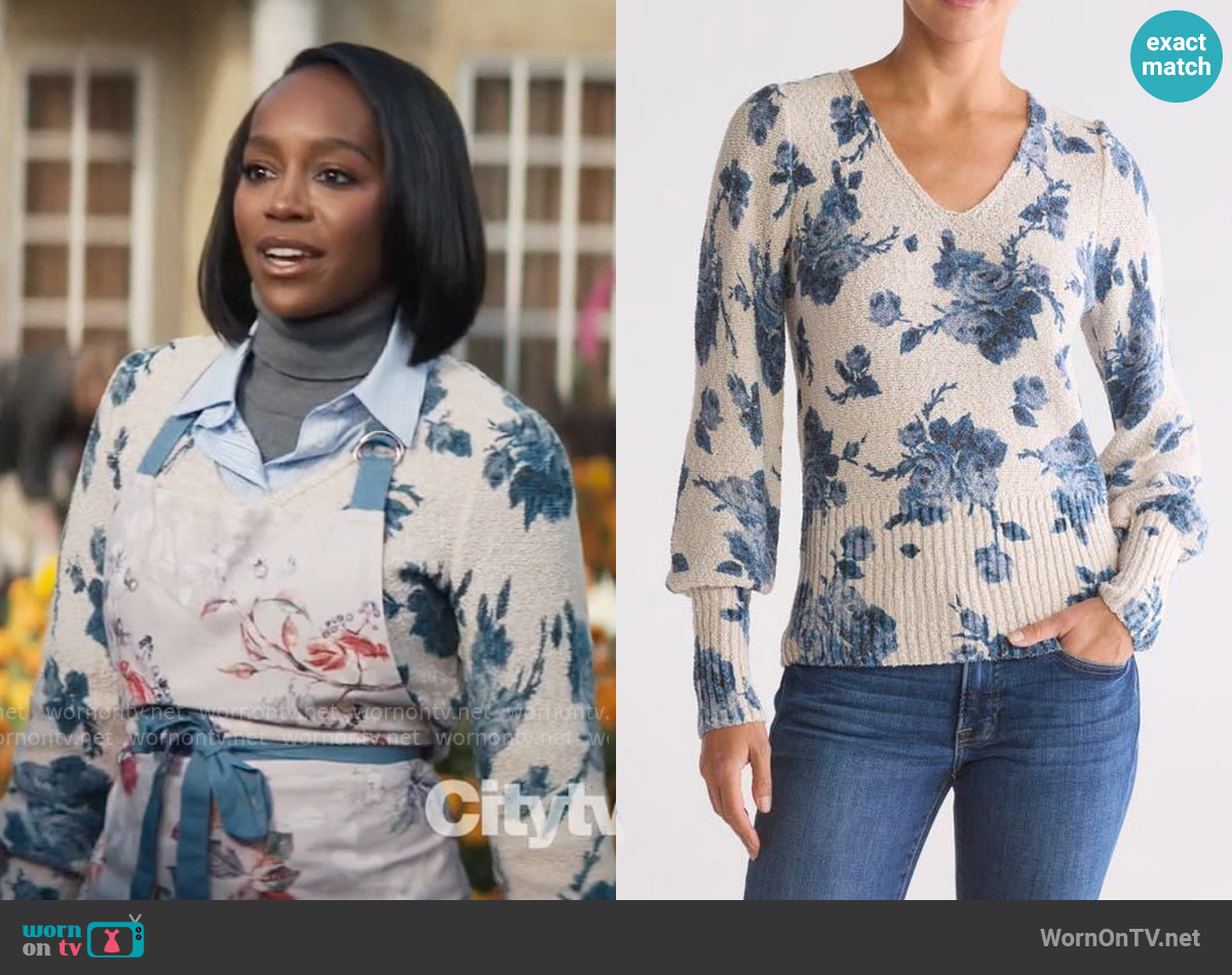 RACHEL Rachel Roy Floral V-neck Sweater worn by Catherine (Aja Naomi King) on Grosse Pointe Garden Society