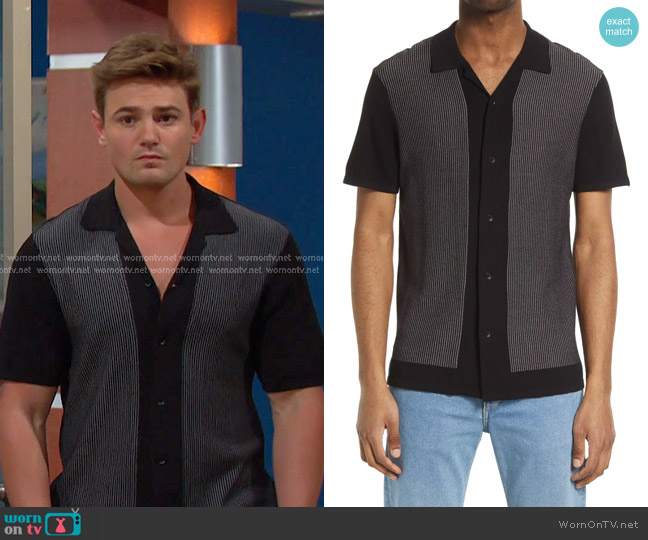 Rag & Bone Harvey Knit Camp Shirt in Black/White worn by Johnny DiMera (Carson Boatman) on Days of our Lives