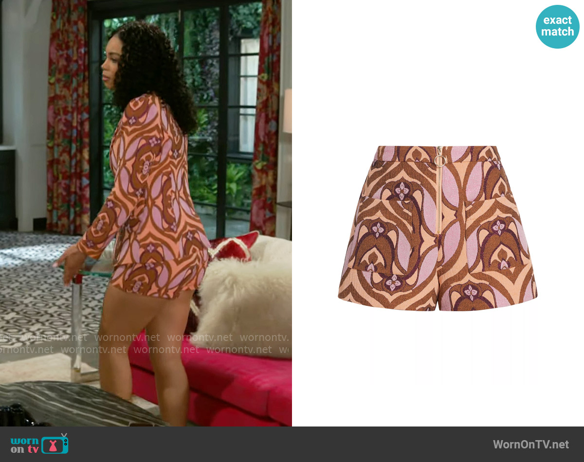 Ramy Brook Ross Shorts in Multi Soiree Jacquard worn by Chelsea Hamilton (RhonniRose Mantilla) on Beyond the Gates