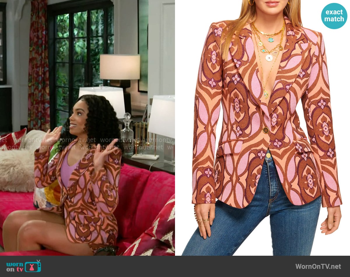 Ramy Brook Elvira Blazer in Multi Soiree Jacquard worn by Chelsea Hamilton (RhonniRose Mantilla) on Beyond the Gates