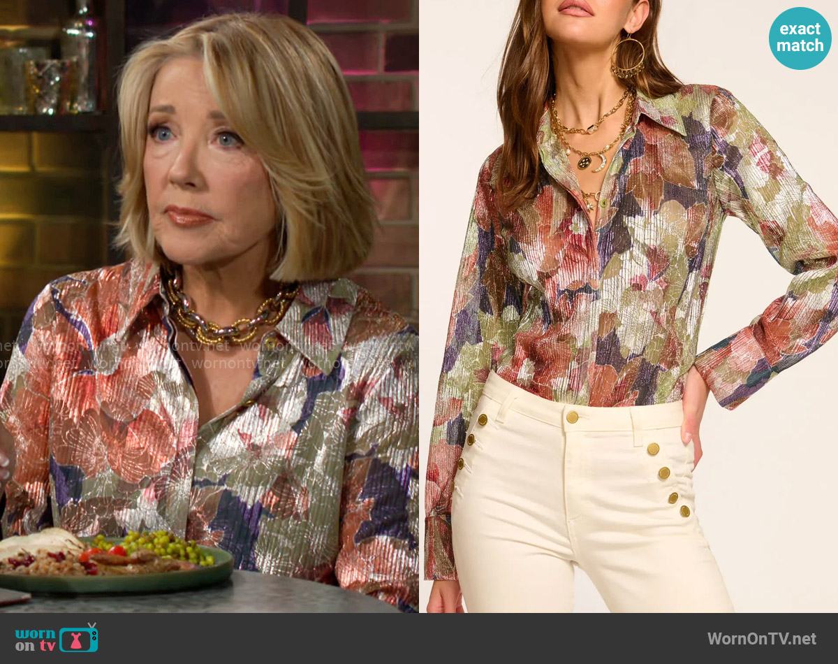 Ramy Brook Nicole Metallic Floral Button-Up Shirt worn by Nikki Reed Newman (Melody Thomas-Scott) on The Young and the Restless