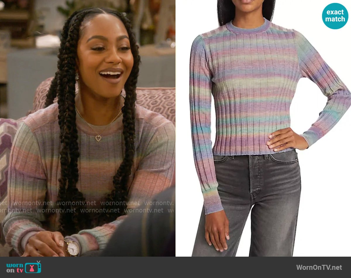 Re/Done Poor Boy Sweater in Spirulina Combo worn by Nina (Tetona Jackson) on Poppas House