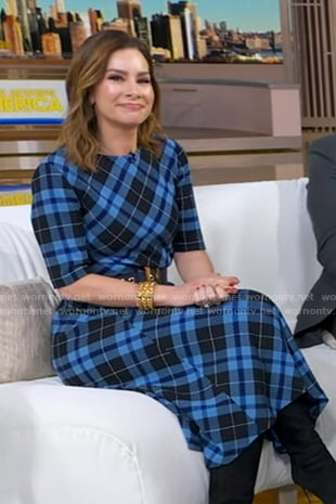 Rebecca Jarvis’s blue plaid midi dress on Good Morning America