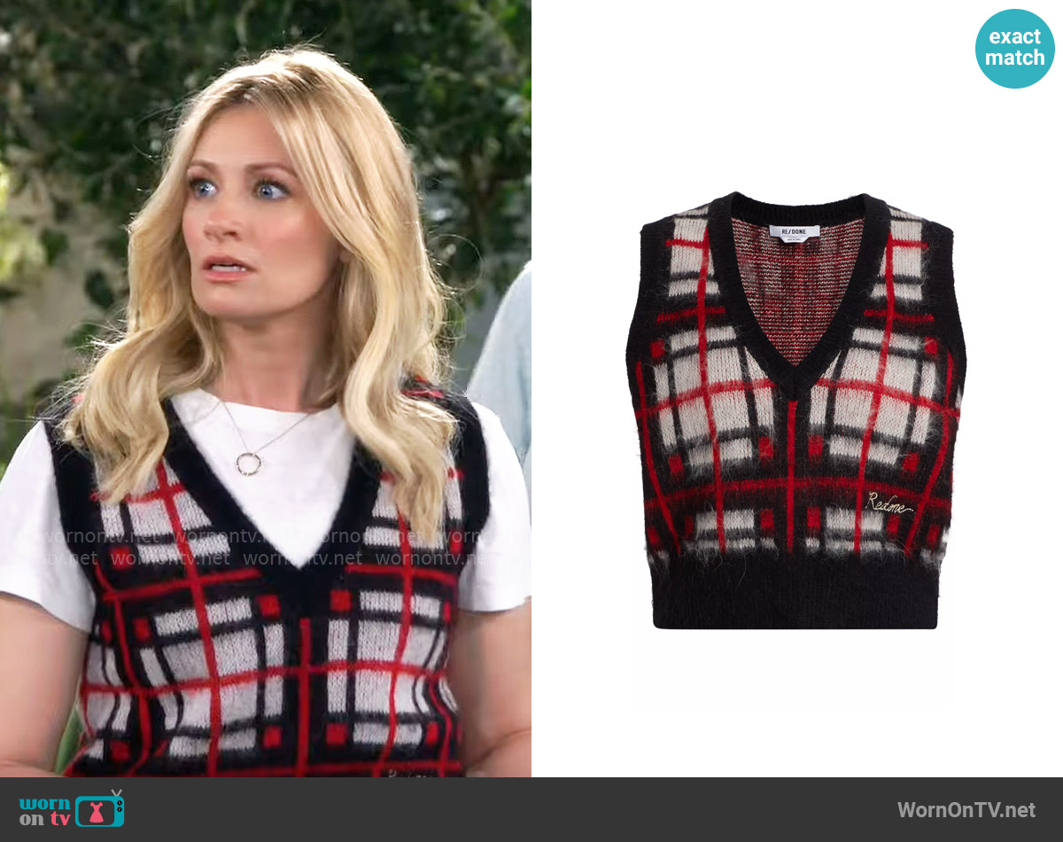 Re/Done Check V-Neck Vest worn by Gemma (Beth Behrs) on The Neighborhood