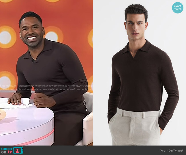 Reiss Milburn Merino Wool Open Collar Polo Shirt in Bitter Chocolate worn by Justin Sylvester on Today