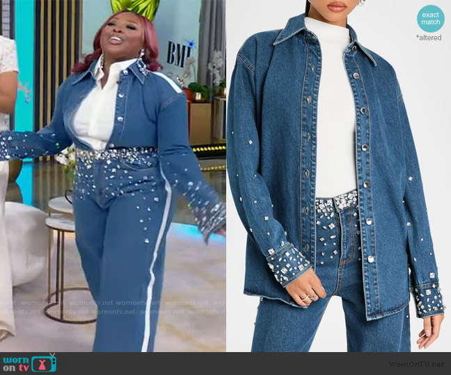 Retrofete Diletta Embellished Denim Shacket worn by Jekalyn Carr on Tamron Hall Show
