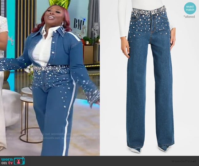 Retrofete Jenna Embellished Wide Leg Jeans in Montana Crystal worn by Jekalyn Carr on Tamron Hall Show