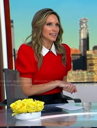 Rhiannon’s red cable knit puff sleeve sweater on Good Morning America