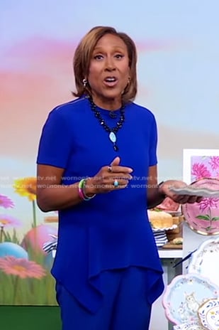 Robin’s blue zip-shoulder peplum top on Good Morning America
