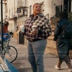 Robyn’s mixed plaid jacket and spiral hoop earrings on The Equalizer