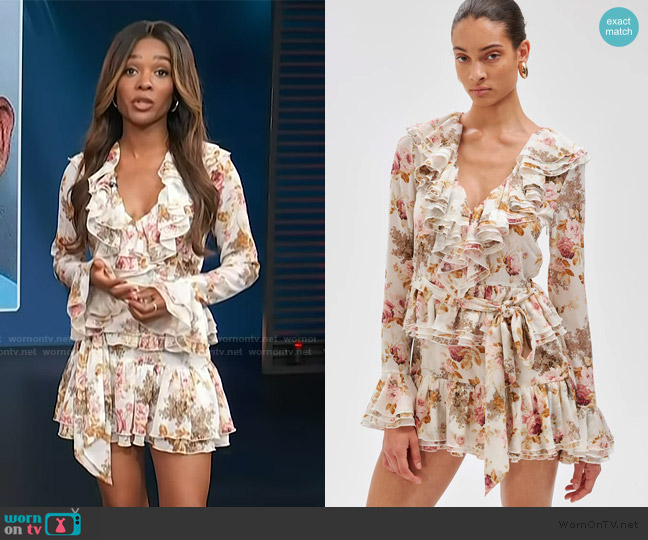 Ronny Kobo Palmero Floral Ruffle Minidress worn by Zuri Hall on Access Hollywood