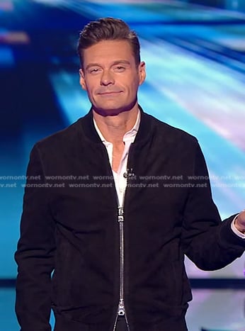 Ryan Seacrest’s black suede bomber jacket on American Idol