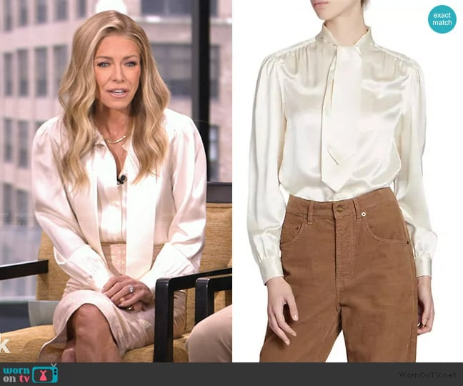 Saint Laurent Lavallière-neck Blouse In Silk Satin worn by Kelly Ripa on Live with Kelly and Mark