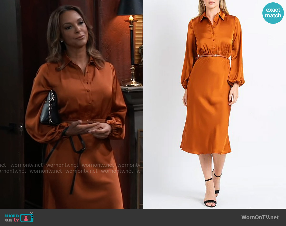 Sam Edelman Satin Button Front Collar Neck Long Sleeve Belted Midi Dress worn by Natalia (Eva LaRue) on General Hospital