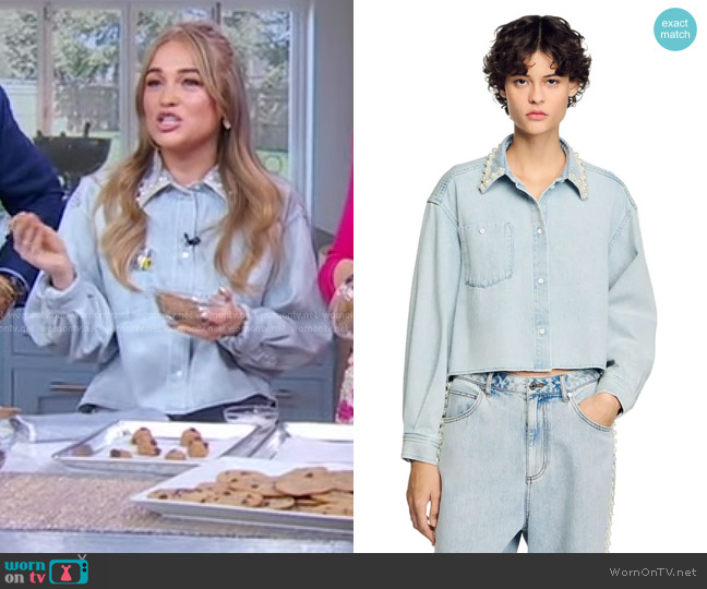 Sandro Denim Shirt with Beaded Collar worn by Alix Traeger on Good Morning America