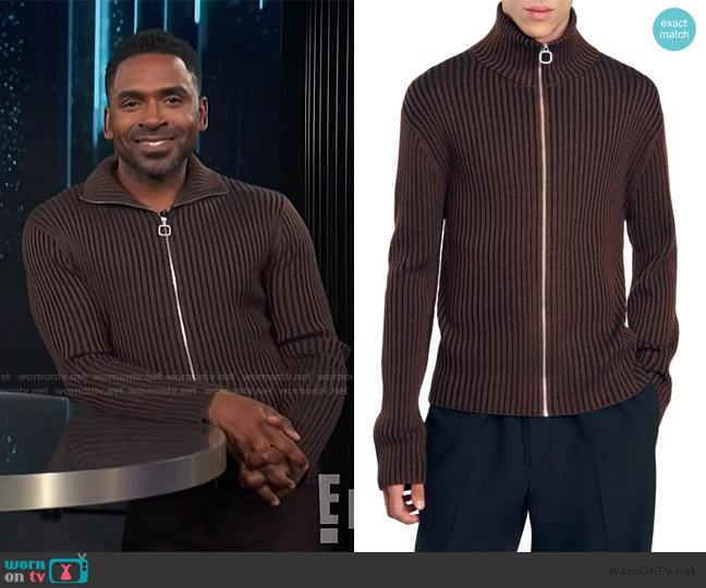 Sandro Ribbed cardigan worn by Justin Sylvester on E! News