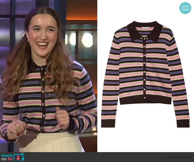 Sandy Liang Summers Stripe Merino Wool Cardigan worn by Gracie Lawrence on The Kelly Clarkson Show