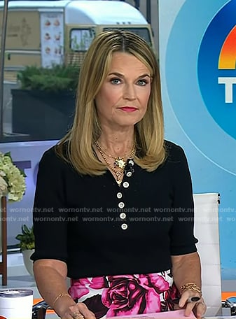 Savannah’s black polo top and rose print skirt on Today