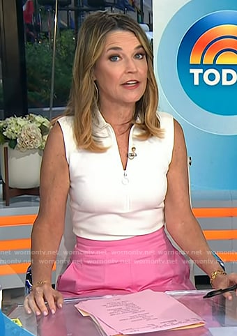Savannah’s white half-zip top pink midi skirt on Today