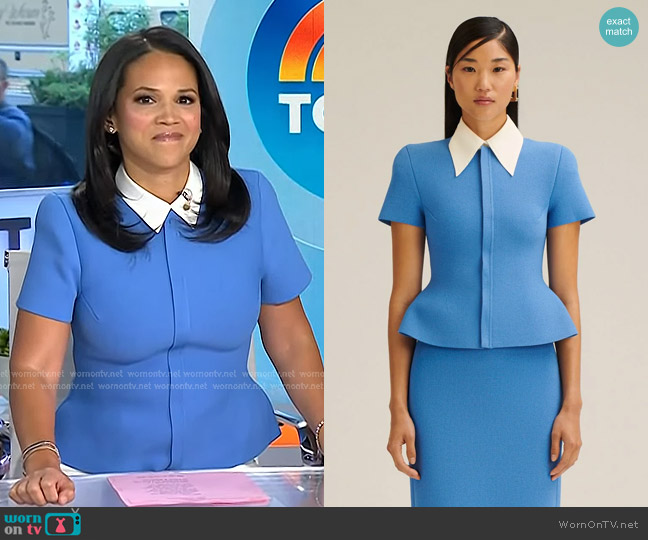 Scanlan Theodore Crepe Knit Short Sleeve Peplum Jacket in Blue worn by Laura Jarrett on Today