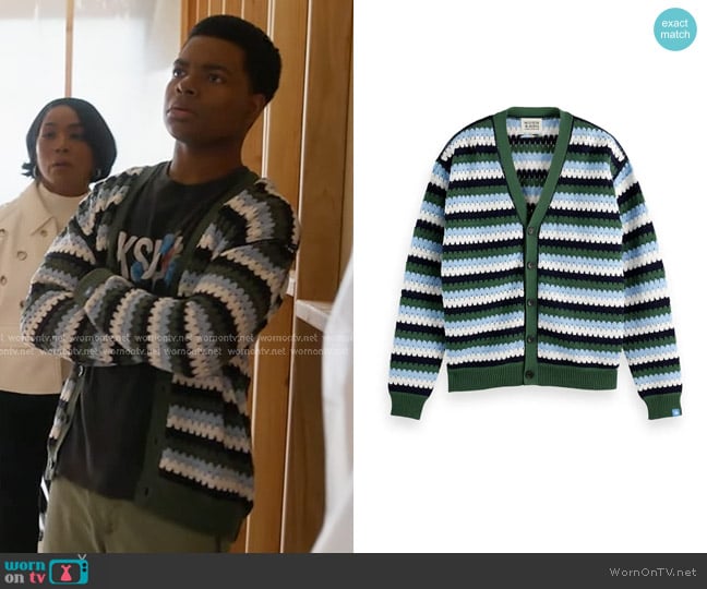 Scotch & Soda Stripe Open Stitch Cardigan in Sage Green Multi Stripe worn by Harry Grant (Elijah M. Cooper) on 9-1-1