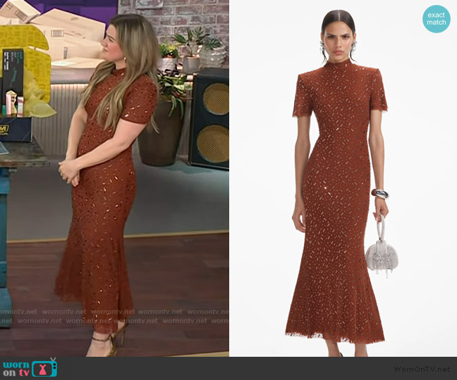 Self Portrait Brown Square Rhinestone Mesh Midi Dress worn by Kelly Clarkson on The Kelly Clarkson Show