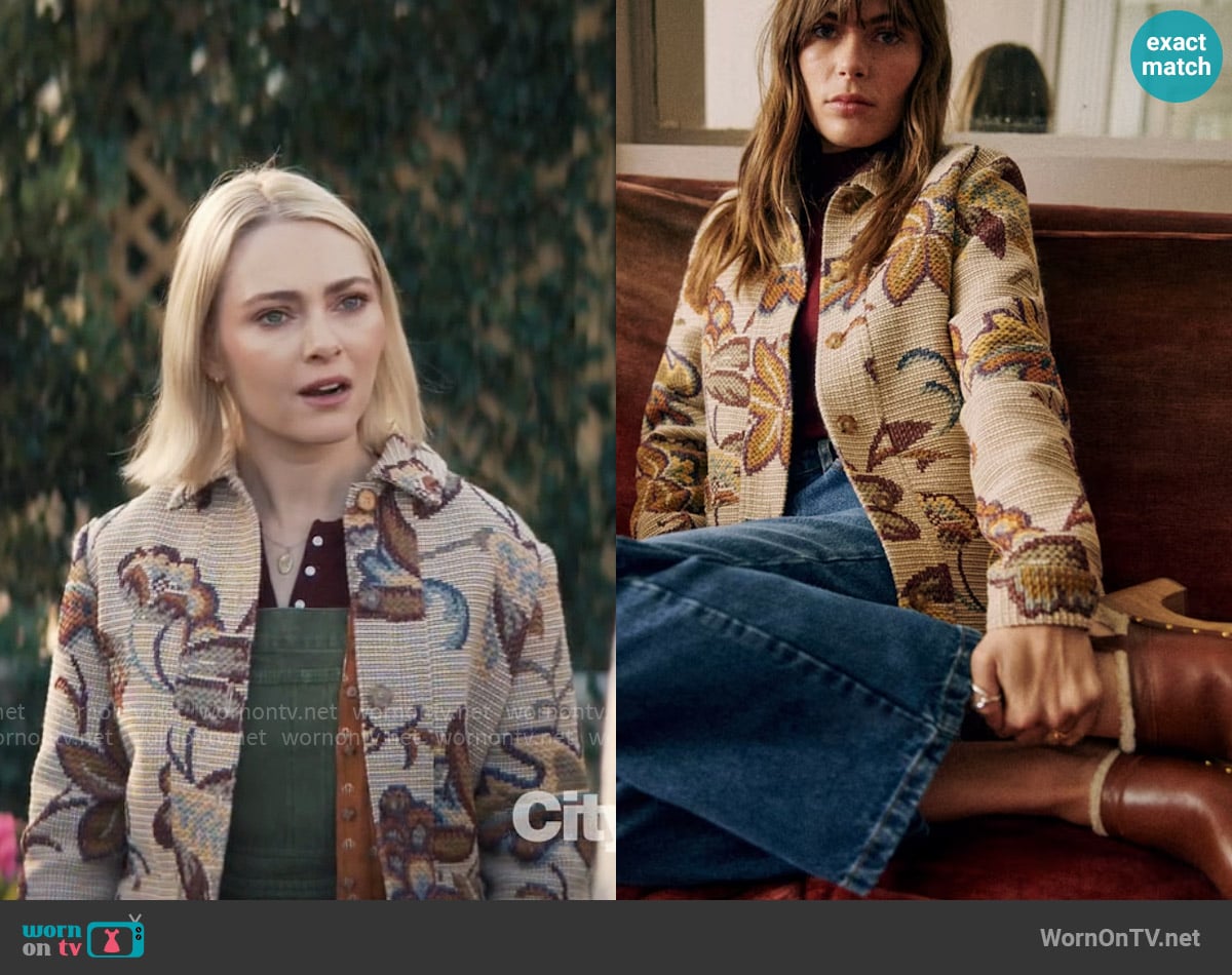 Sezane Will Jacket in Jacquard Wisteria worn by Alice (AnnaSophia Robb) on Grosse Pointe Garden Society