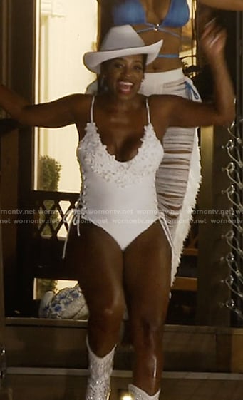 Shamea’s white floral applique swimsuit on The Real Housewives of Atlanta