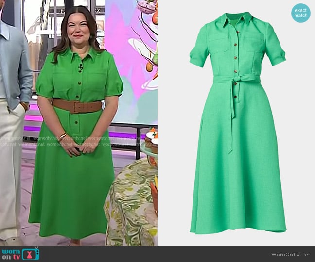 Shoshanna Dillon Tie-Waist Woven Midi Shirtdress in Spring Green worn by Carmen Johnston on Today