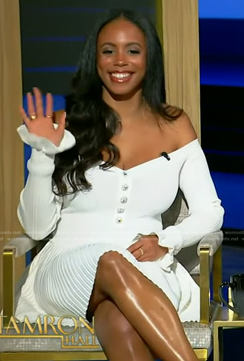 Sierra Mayhew’s white button off shoulder dress on Tamron Hall Show